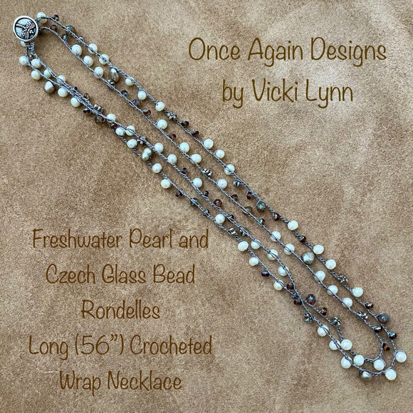 ARTISAN Necklace “Pearly Latte” on Mocha Beige Long Crocheted Wrap - Picture 3 of 12
